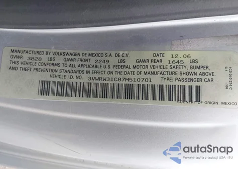 2007 Volkswagen New Beetle 2.5 z USA, uszkodzony, nr VIN 3VWRW31C87M510701